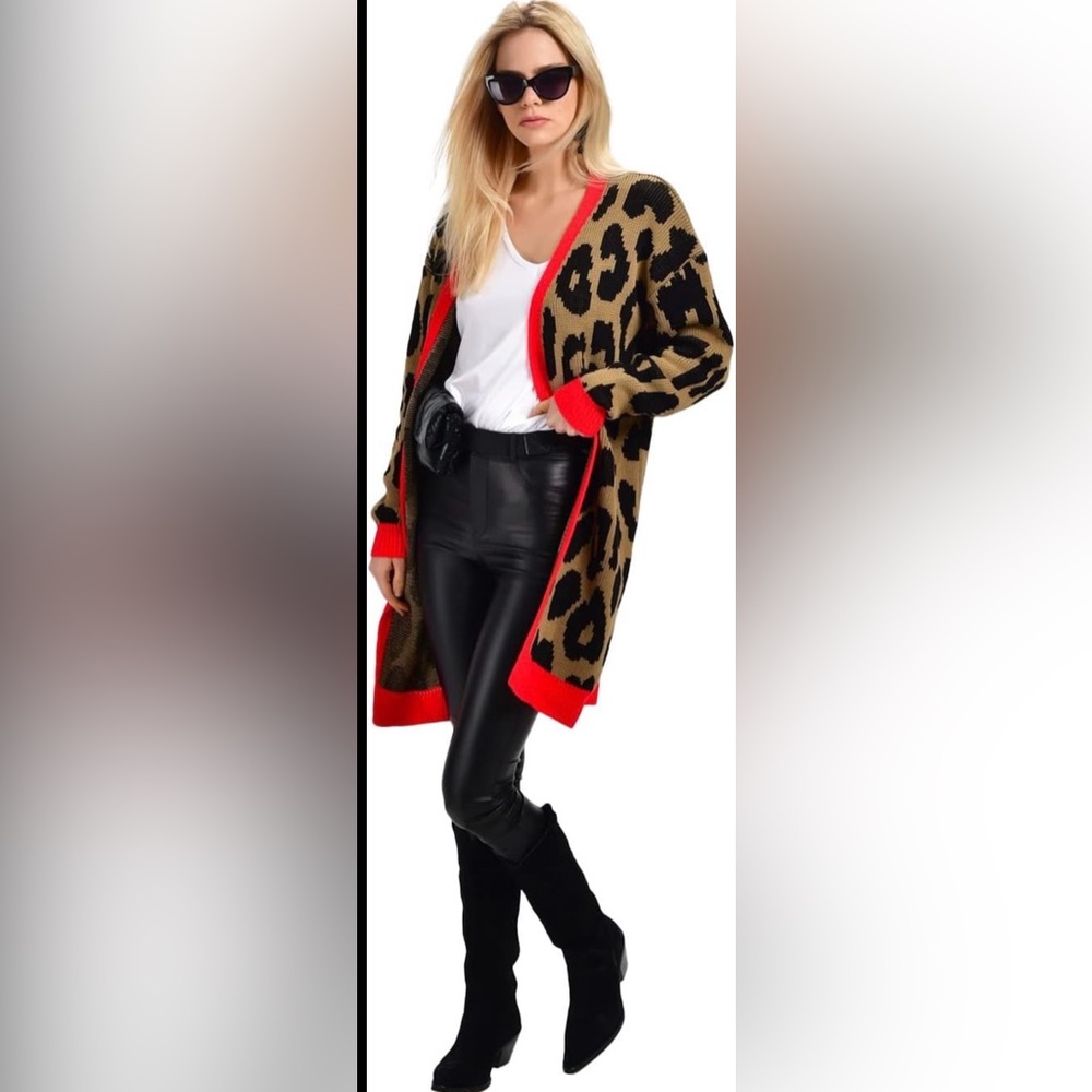 AQE Fashion Leopard Print Cardigan with Red Trim size S